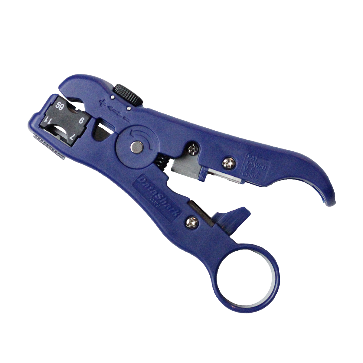 DataShark 70029 Universal Cutter-Stripper for Flat or Round TV/UTP Cable | Cat5 Cat5e Cat6 | RG6 Quad RG59 RG7 RG11 (Pro Grade)