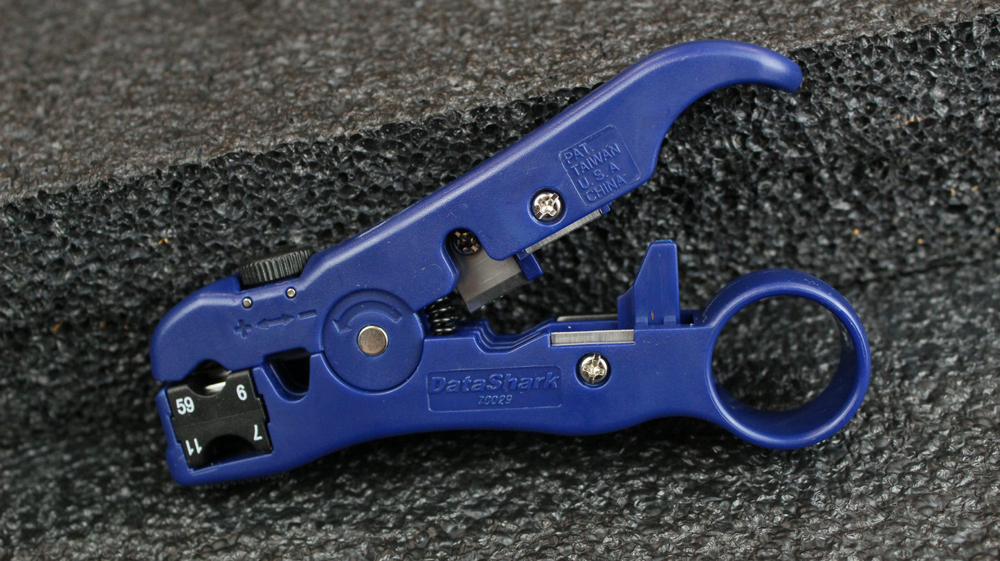 DataShark 70029 Universal Cutter-Stripper for Flat or Round TV/UTP Cable | Cat5 Cat5e Cat6 | RG6 Quad RG59 RG7 RG11 (Pro Grade)