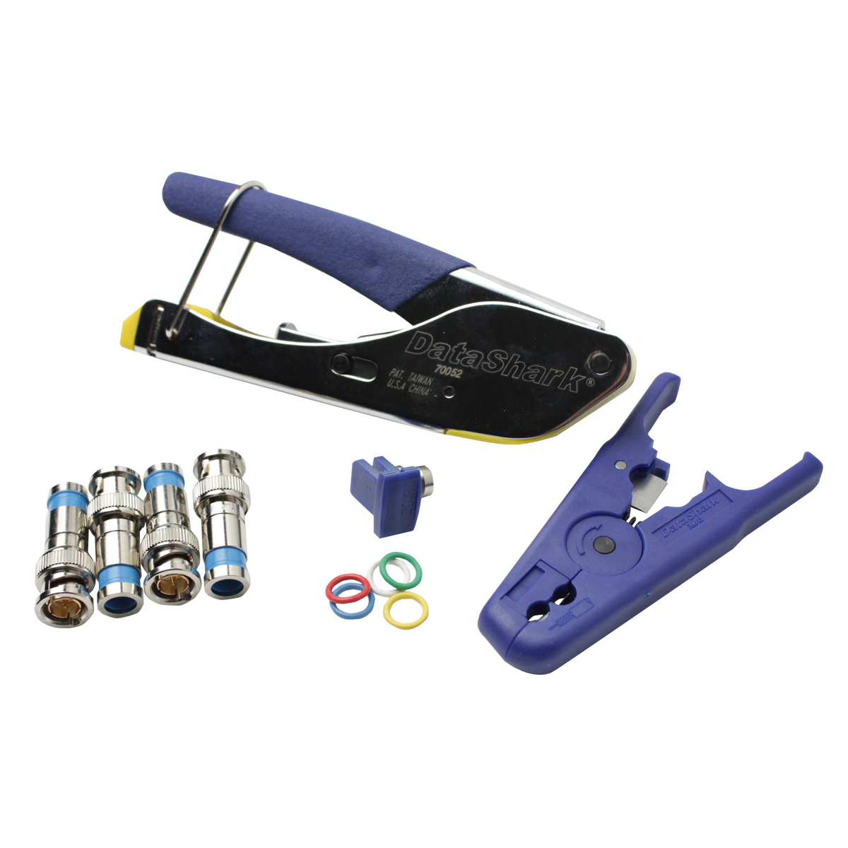 DataShark CCTV Security Cable Tool Kit - Includes Coax Cutter/Stripper, BNC/RCA Compression Crimper, RG59 BNC Connectors, Color Bands, "F" Connector Adapter