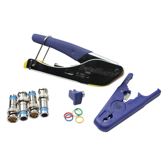 DataShark CCTV Security Cable Tool Kit - Includes Coax Cutter/Stripper, BNC/RCA Compression Crimper, RG59 BNC Connectors, Color Bands, "F" Connector Adapter